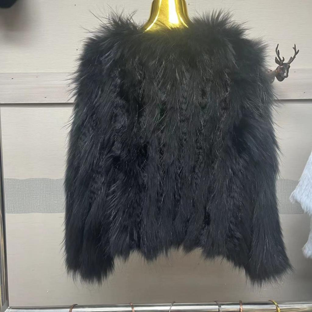 Real Raccoon Fur Woven Coat for Women Short Style Fur Rabbit Fur Long Sleeves Stylish Real Fur Round Neck Coat