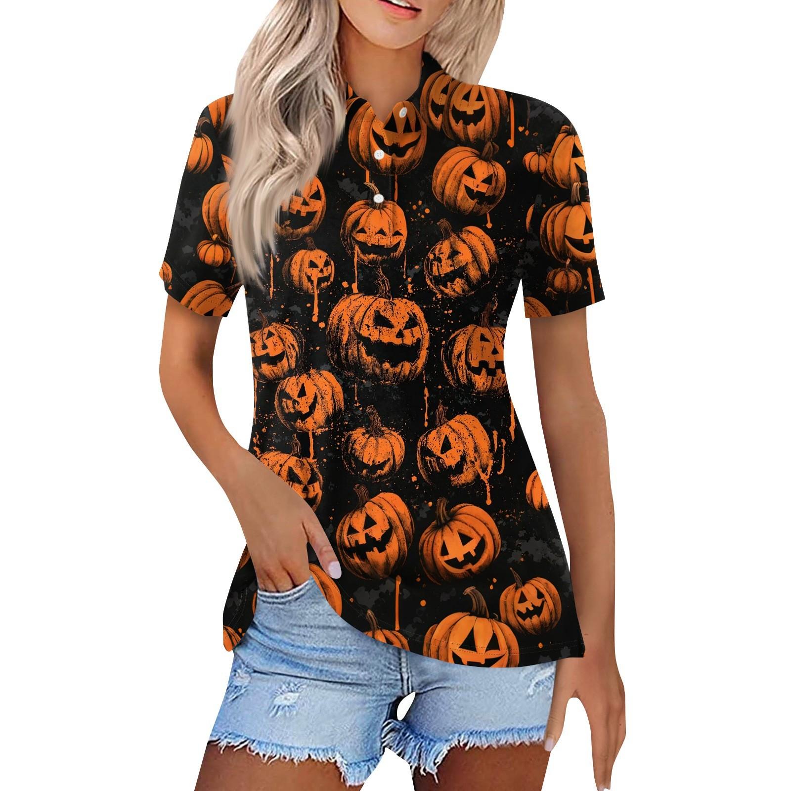 

Женская модная повседневная рубашка с лацканами и короткими рукавами с принтом на Хэллоуин, женские топы на пуговицах XXL