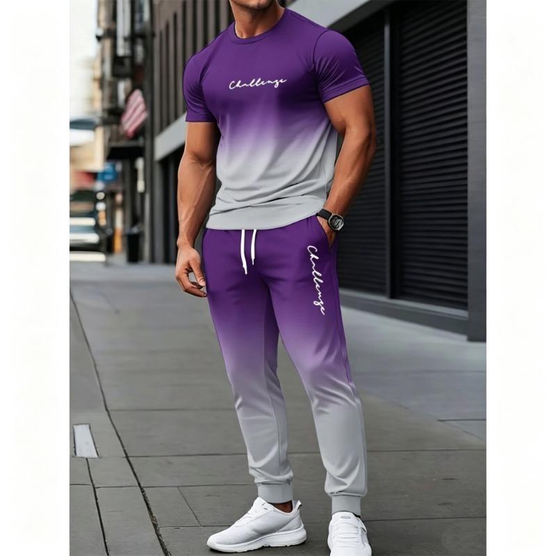 Men's Polyester Sportswear Regular Fit 2pcs Set | Patterned Short Sleeve T-Shirt and Long Pants