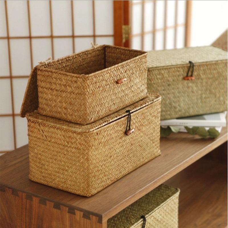 Multi-size Seagrass Storage Basket with Lid Woven Rectangular Shelf Basket Bins Desktop Organizer Chirstmas Gift Basket