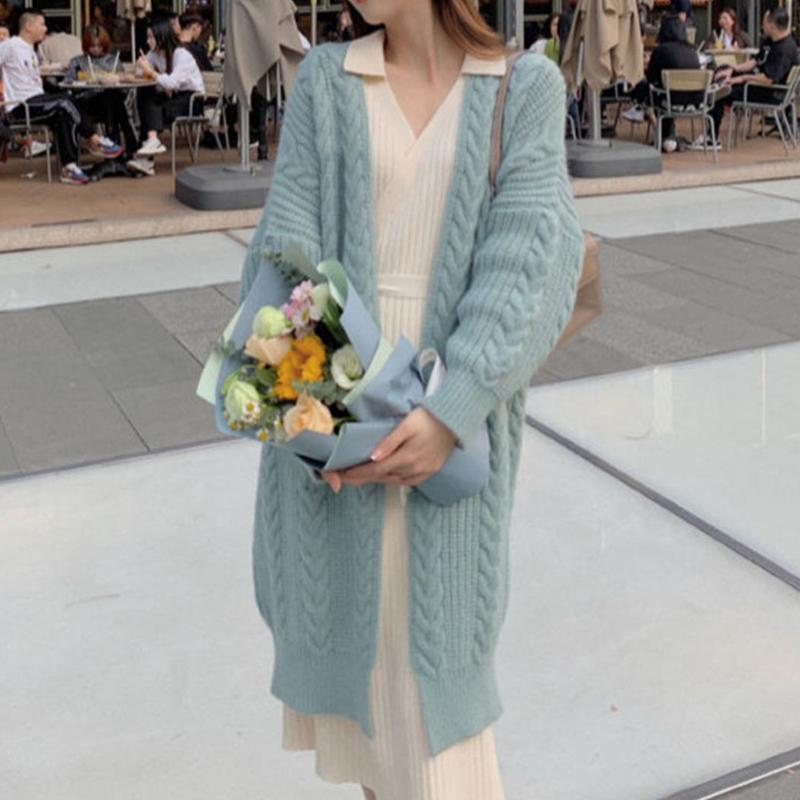 New Korean Style Knitted Cardigan Long Sweater Coat Women Casual Retro Twist V-neck Loose Spring and Autumn Fashion Long Sleeve Sweaters Simple Jacket