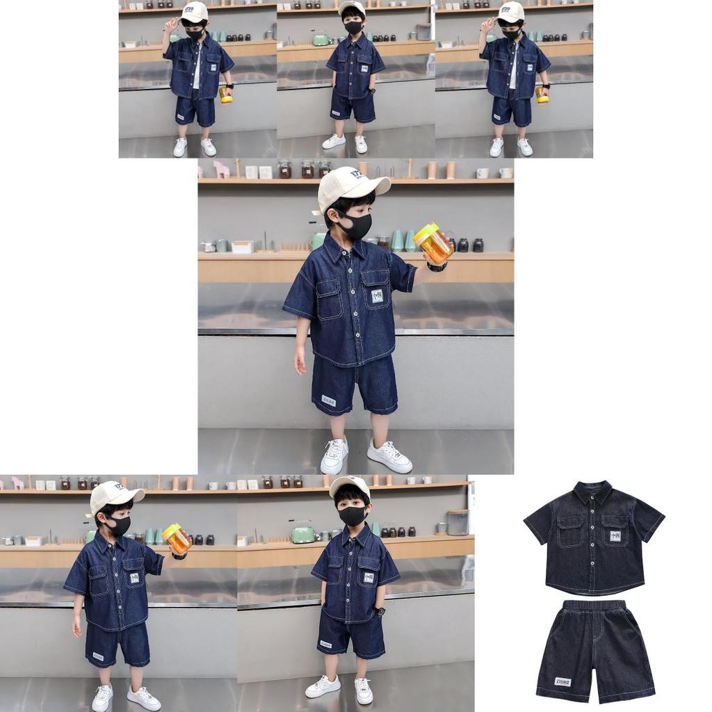 Trendy Blue Boys Denim Short Sleeve Set For Summer Stylish Casual Outfit For Kids