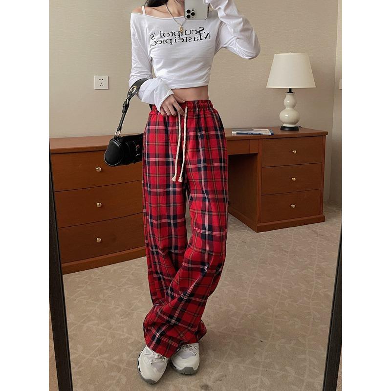 Large Size Retro Lazy Style Contrasting Plaid Casual Pants for Women In Autumn Draping Straight Loose Wide-leg Trousers for Women