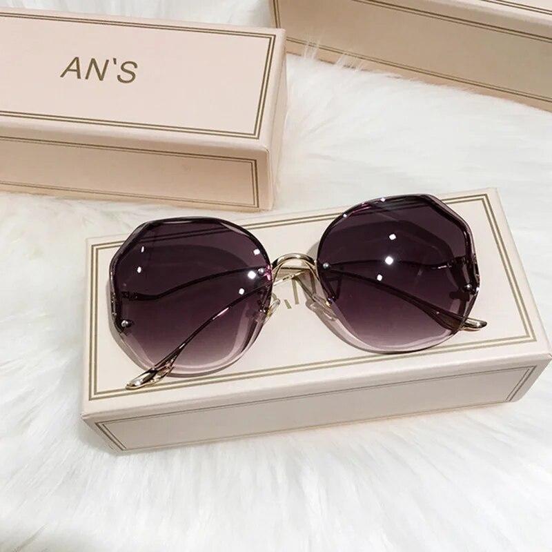 Irregular Round Sunglasses Woman  Designer Gradient Fashion Sun Glasses Female Rimless Metal Curved Temples Oculos De Sol