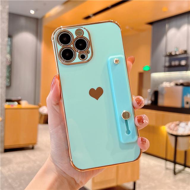 Korean Cute Electroplate Love Heart Wrist Strap Case For iPhone 14 13 Mini 12 11 Pro Max X XS XR 7 8 Plus Shokcproof Stand Cover