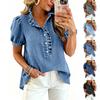 Damen-Denim-Bluse mit Spitzenbesatz, Rüschenkragen, kurzen Puffärmeln, Knopfleiste, lässige lockere Passform, Oberteil für den täglichen Gebrauch