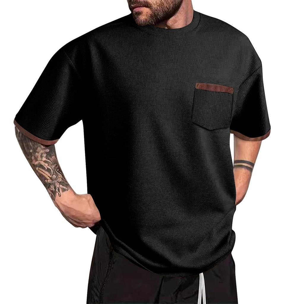 Men's Summer Colorblock Round Neck Loose Pocket Short Sleeve Top