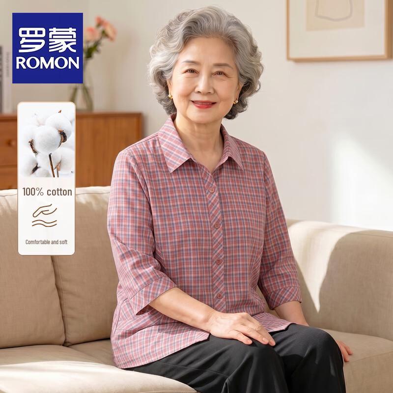 ROMON Women s Plaid 3/4 Sleeve Cotton Shirt L