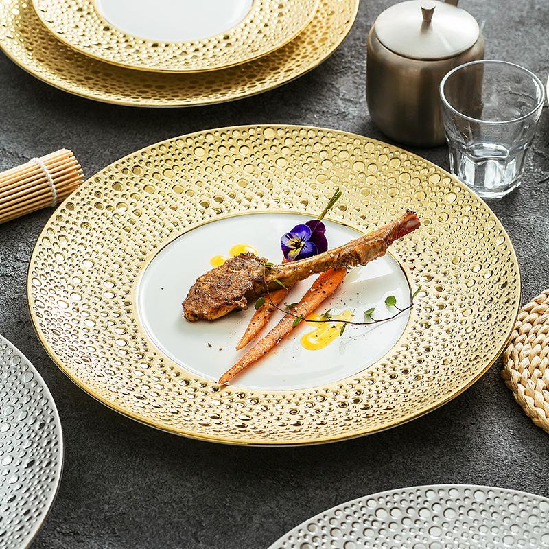 European Style Ceramic Western Steak Plate Golden Silver Pasta Plate Round Home Use Ceramic Fruit Salad Dessert Breakfast Dishes