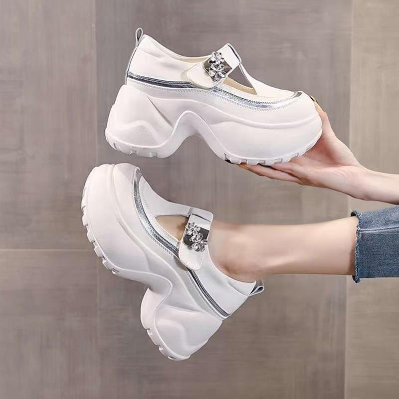 Soft Leather Thick Sole Inner Height Increase Leather Surface Single Shoes Women's Autumn 2025 New Breathable Slope Heel Casual Hollow White Shoes