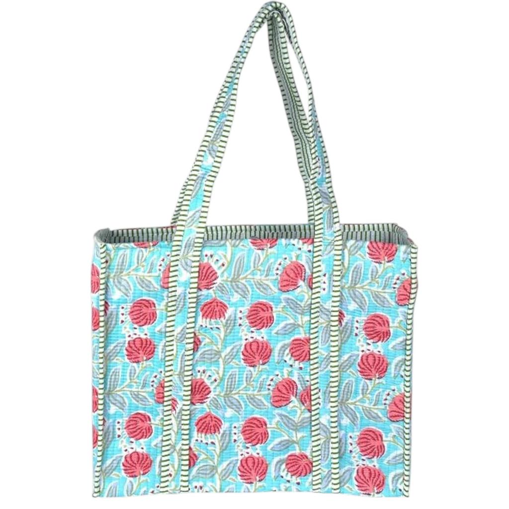 Handcrafted Cotton Quilted Tote Bag Large Block Print Shoulder Carry for Women, Sky Blue Reusable Travel Shopping Grocery Beach Handbag