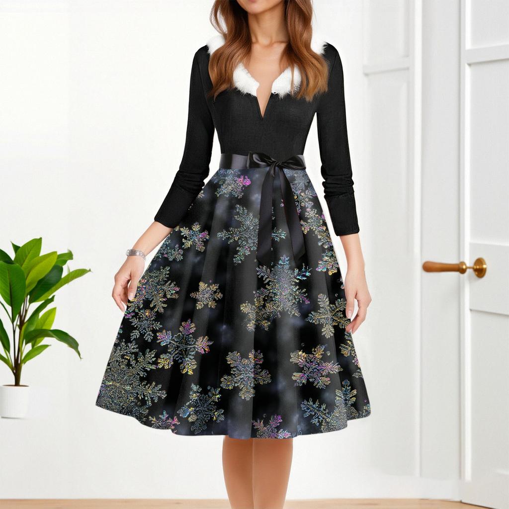 Women's Fashion Round Casual Slim Fit Christmas Print Large Swing Long Sleeve Dress