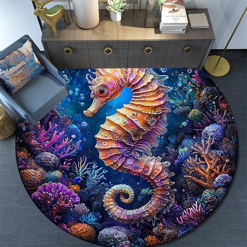 Seahorse Round Area Rug,Carpet Rug for Living Room Bedroom Sofa Playroom Decor,Non-slip Floor Mat