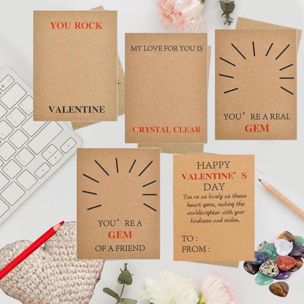 24 Pack Valentines Day Gem Gifts for Kids,Gem Valentine Cards with Heart,Heart Shape Crystal Stones,Funny Valentine Gift Exchange Card for Boys Girls