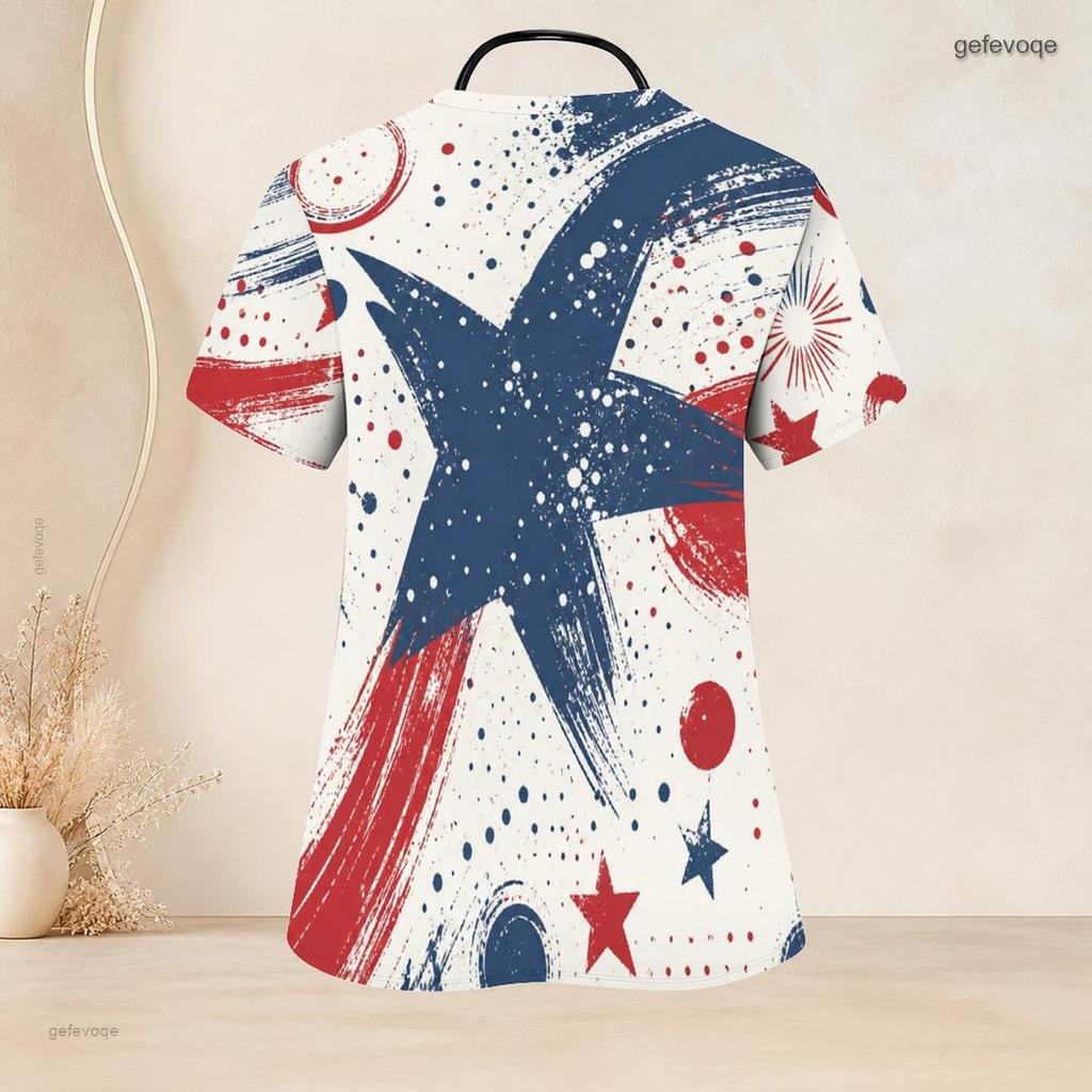 Women Plus Size Nurse Scrub Top V Neck Short Sleeve Star Printed Red White Blue With Front Pockets