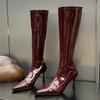 Fashion Eilyken Fashion Patent Leather Knee-High Women Boots Pointed Toe Heels Stripper Thin High Shoes Sexy Long Ladies Booties