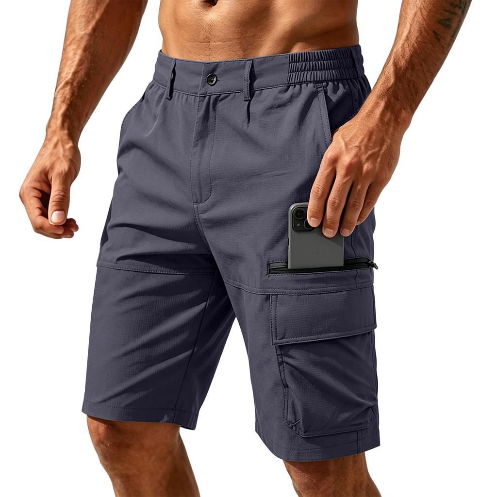 Men's Summer Casual Multi Pocket Cargo Shorts Outdoor Knee Length Work Shorts with Elastic Waistband and Zipper Pockets for Daily Use