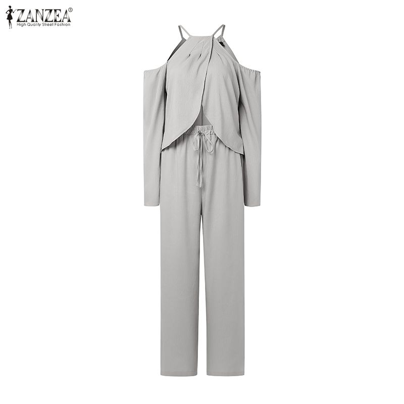 ZANZEA Two Piece Suit Women Cold Shoulder Long Sleeve Irregular Blouse and Pants Sets