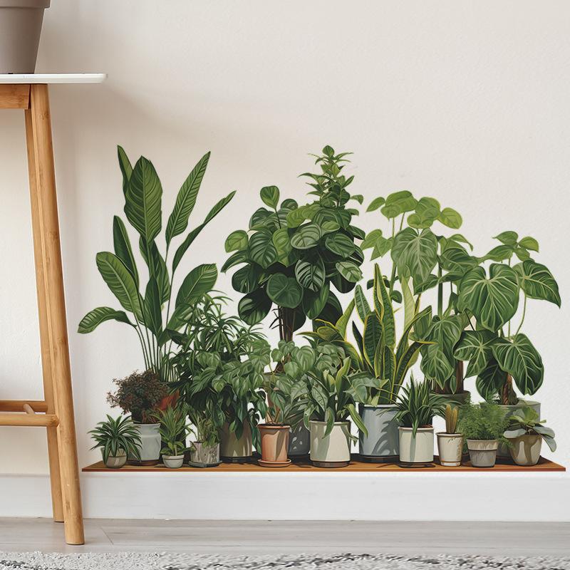 

Тропическая зелень в горшках Наклейки на стену 3D Наклейки в виде листьев черепашьего панциря Для декора стен Спальня Гостиная Настенный ландшафтный декор зелёный