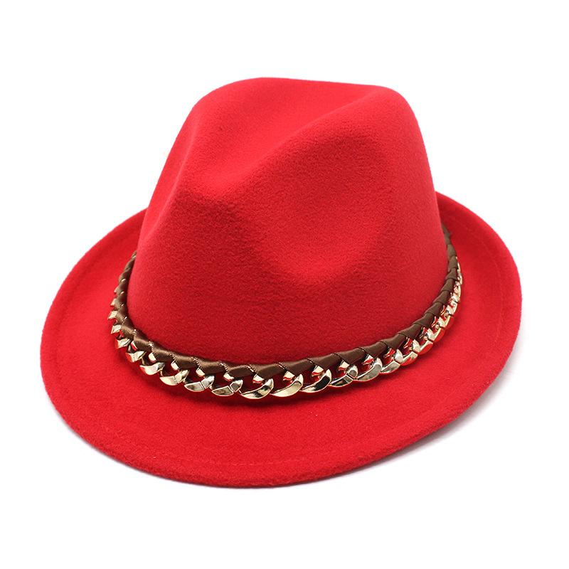 Шерстяная женская шляпа Британская винтажная цилиндр Акриловая цепочка Ковбойская джазовая шляпа M（56-58cm）