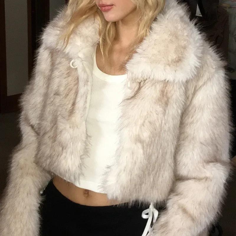 Luxury Fluffy Faux Fur Coat Women Cropped Turn Down Collar Jacket Fashion Thick War Outerwear 2024 Lady New Streetwear Overcoats