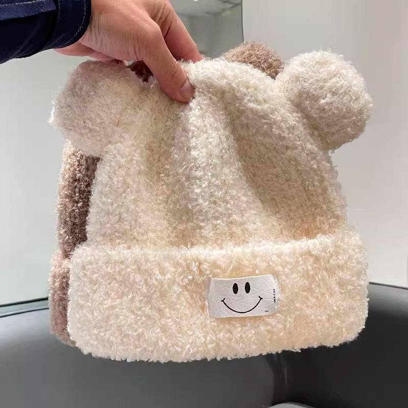 Autumn and winter hat female cute cartoon bear ears plush bucket hat plush thickened warm lamb wool basin hat