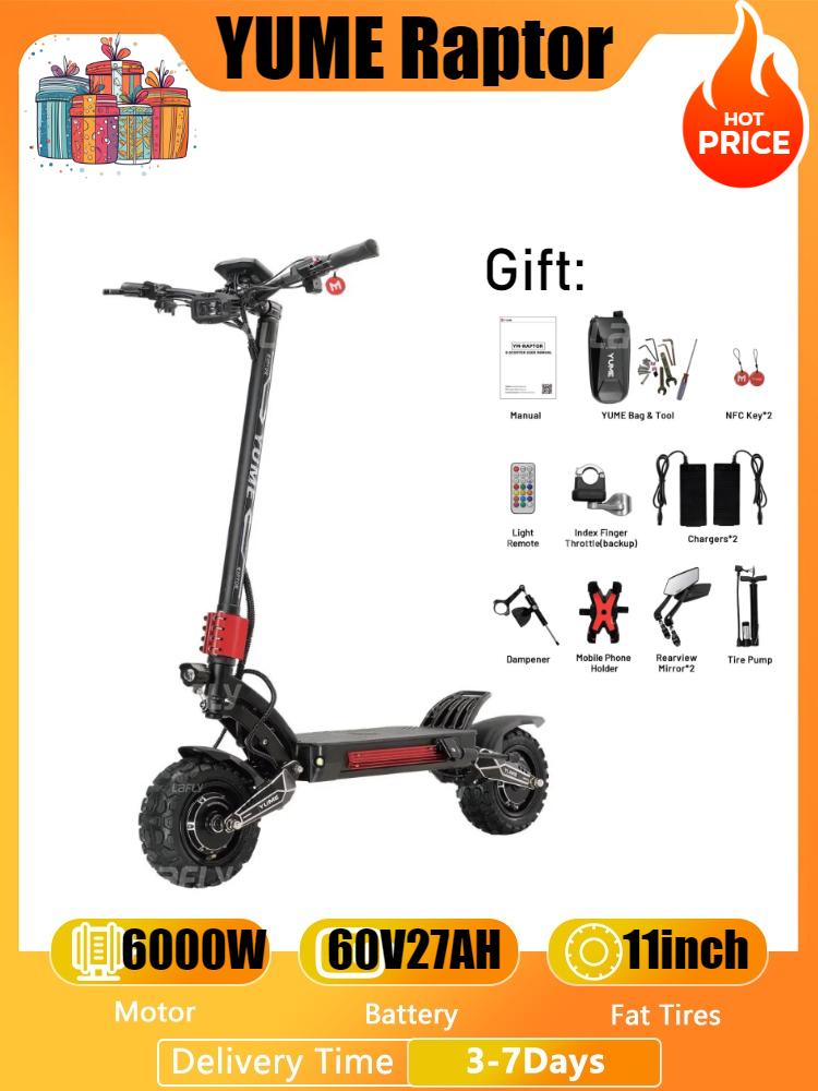 YUME Raptor Electric Scooter 6000W Motor 60V Electric Scooter 11 inch Tires Max Speed 80km/h Max Range 96KM Electric Scooter