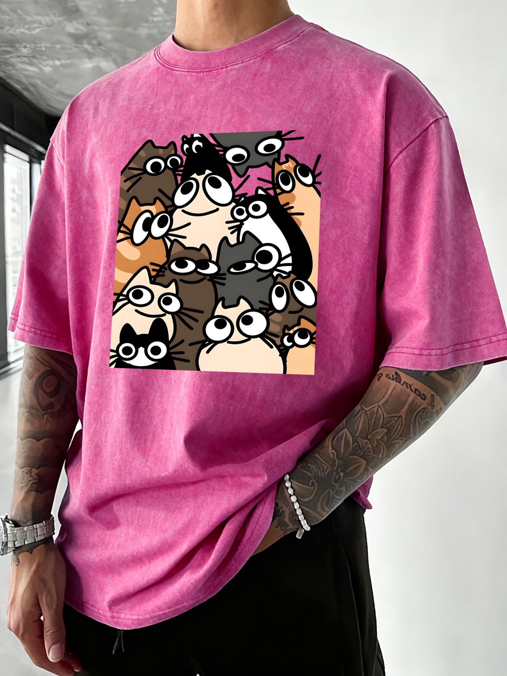 

Happy Cartoon Cats Printed Washed TShirts Man Cotton Oversized T Shirt Summer Vacation Clothing ONeck Casual Short Sleeves S