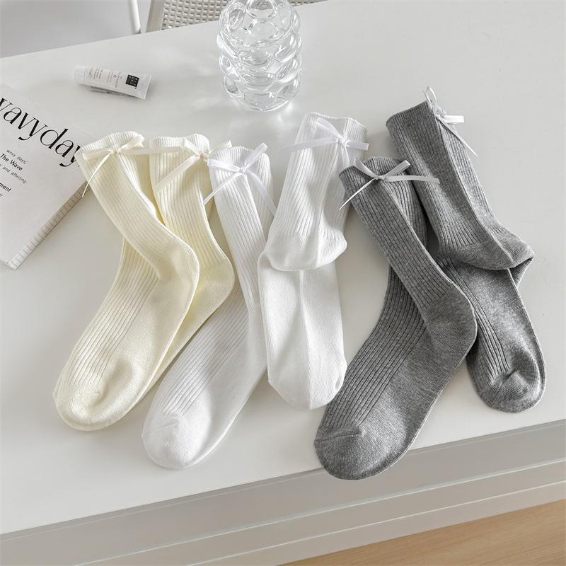 Socks Women'S Solid Color Bow Women'S Socks Double Needle Draw Strips Versatile Stack Of Socks Trendy Gray Socks