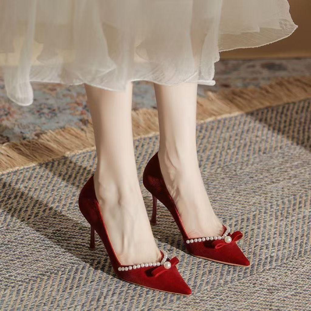 2025 spring and autumn new wedding shoes show clothes wedding dress two wear single shoes bride shoes thin heel pearl red high heels