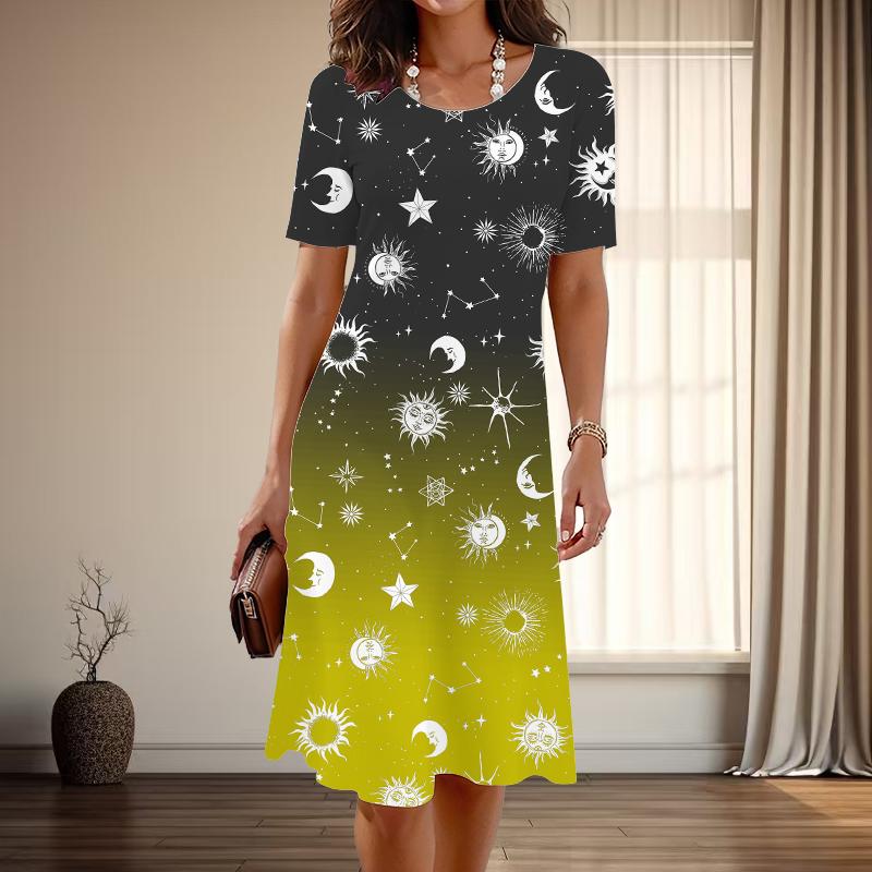 

Женская мода изящный принт луны и звезд лето весна короткий рукав О-образный вырез повседневные платья 8XL жёлтый