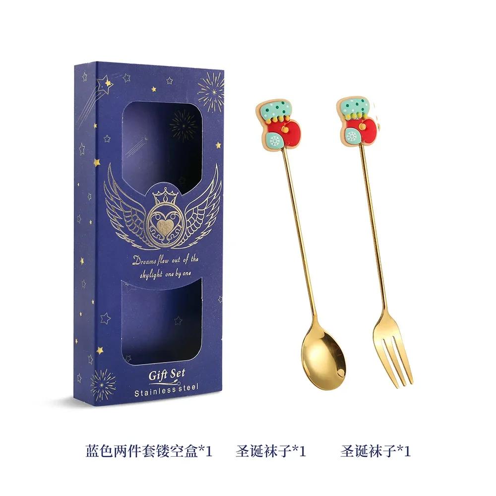 2025 Christmas Spoon and Fork Set Stainless Steel Creative Tableware Coffee Tea Dessert Spoon Spoons with Gift Box 6Pcs New
