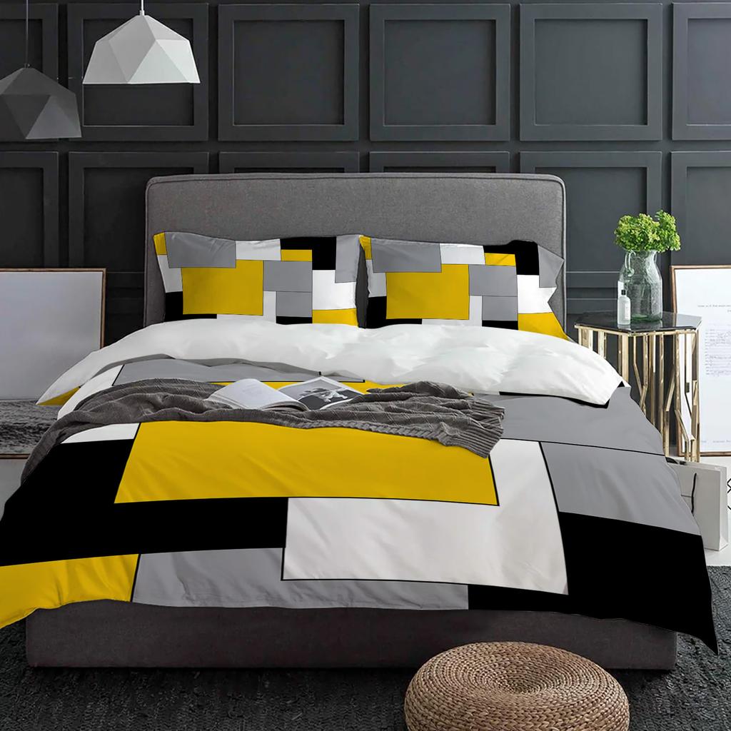 Yellow Grey Black Patchwork Abstract Art Medieval Style Duvet Cover Pillow Case Bedding Set Quilt Cover Double Bed Home Textile