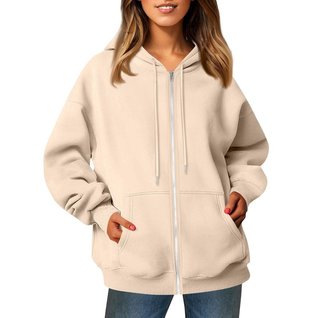 Damen Casual Fashion Solid Color Langarm Tasche Reißverschluss Kapuze Kordelzug Sweatshirt Jacke