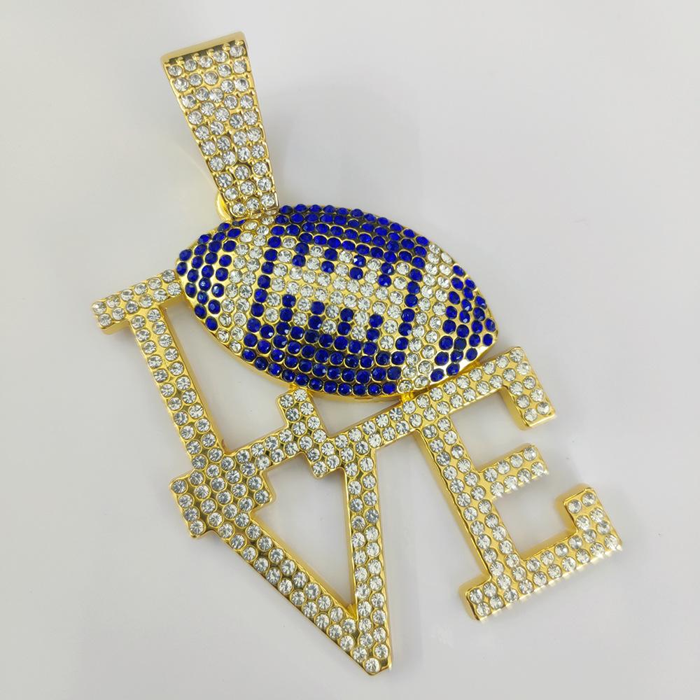 Fashionable Men's Colorful Diamond LOVE Rugby Alloy Pendant, European and American Hip-hop Men's Necklace, Personalized and Colorful