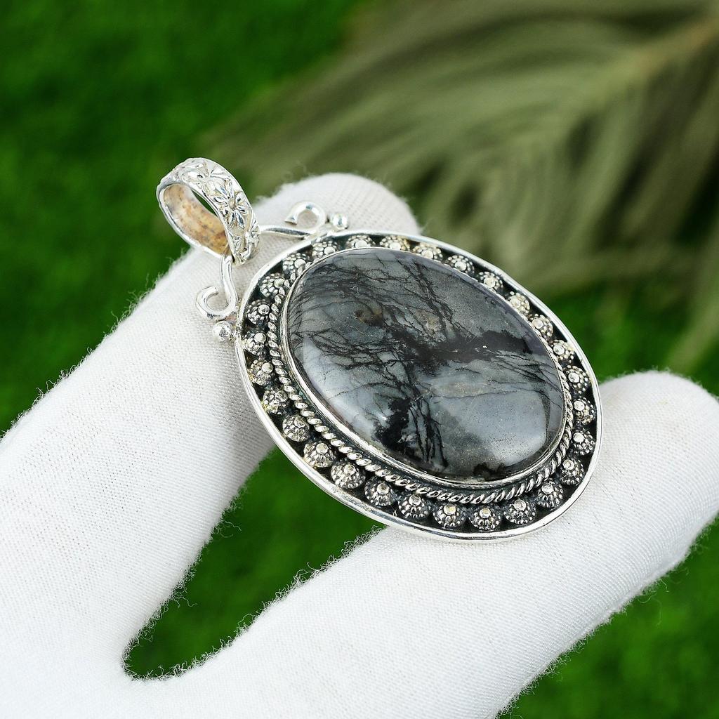925 Sterling Silver Oval Picasso Jasper Stone Bezel Wife Wedding Pendant Jewelry