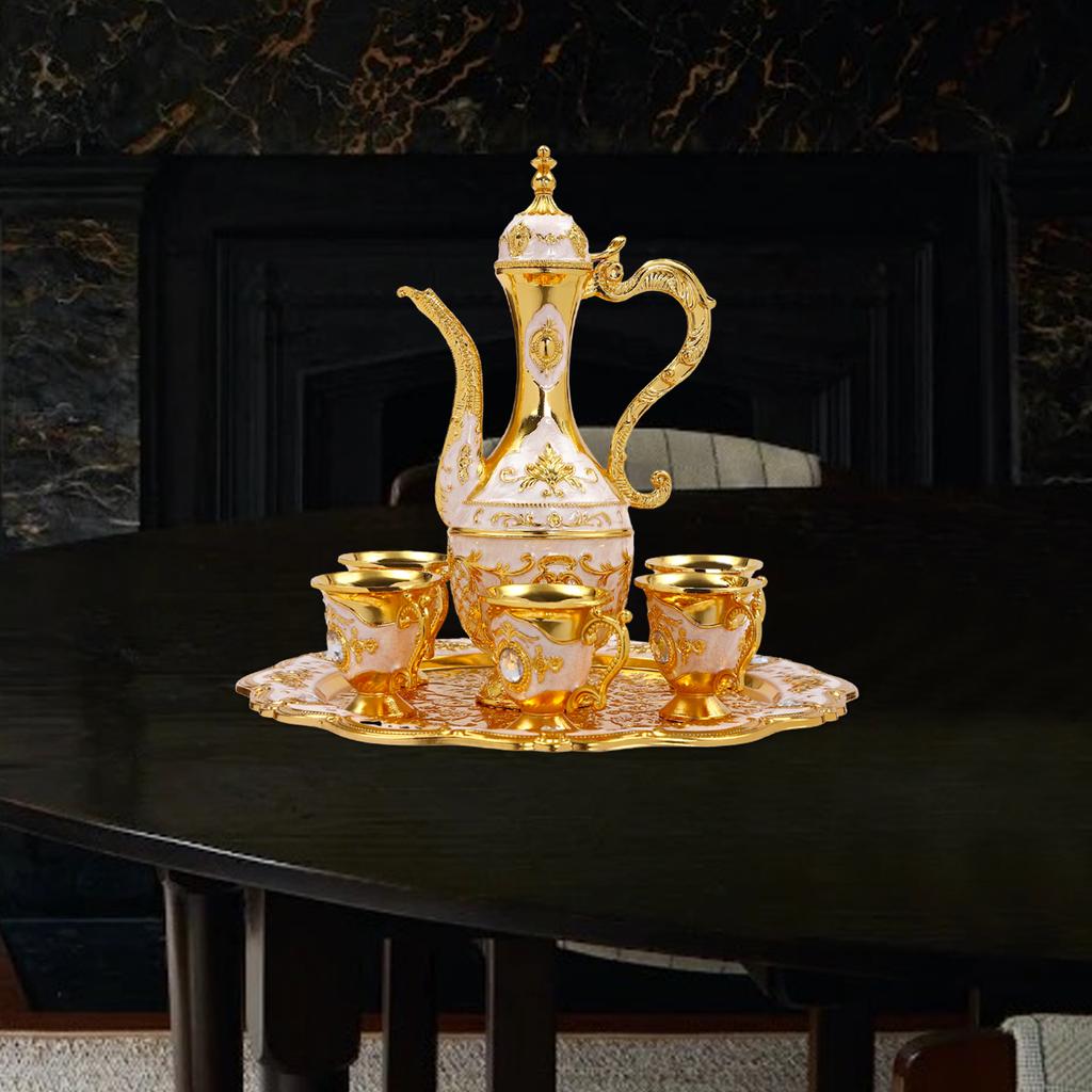 Vintage Turkish Tea & Coffee Set - 6 Gold & White Cups with Tray, Zinc Alloy Antique Decor, Tableware for Home, Gift, Wedding