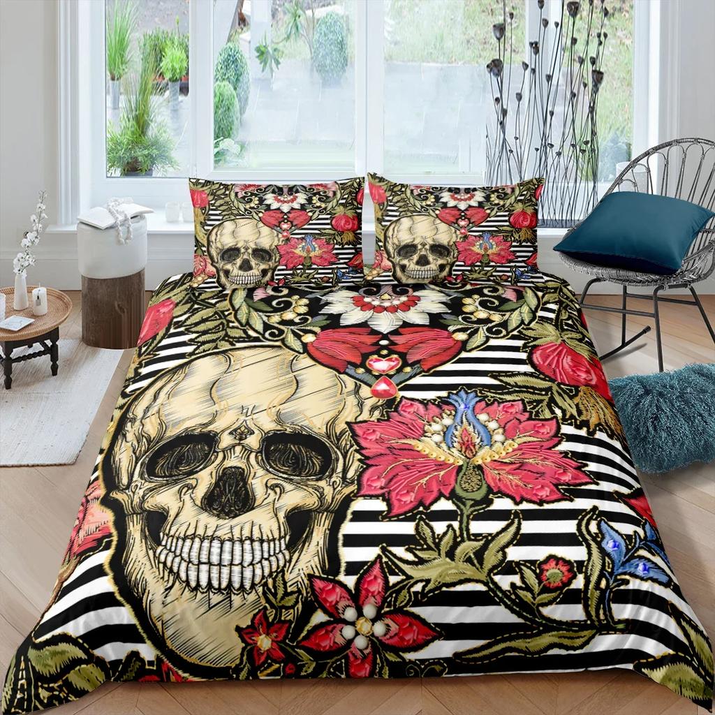 Sugar Skull Bedding Sets King Beauty Kiss Skull Duvet Cover Bed Set Bohemian Print Black Bedclothes Queen Size Bedline
