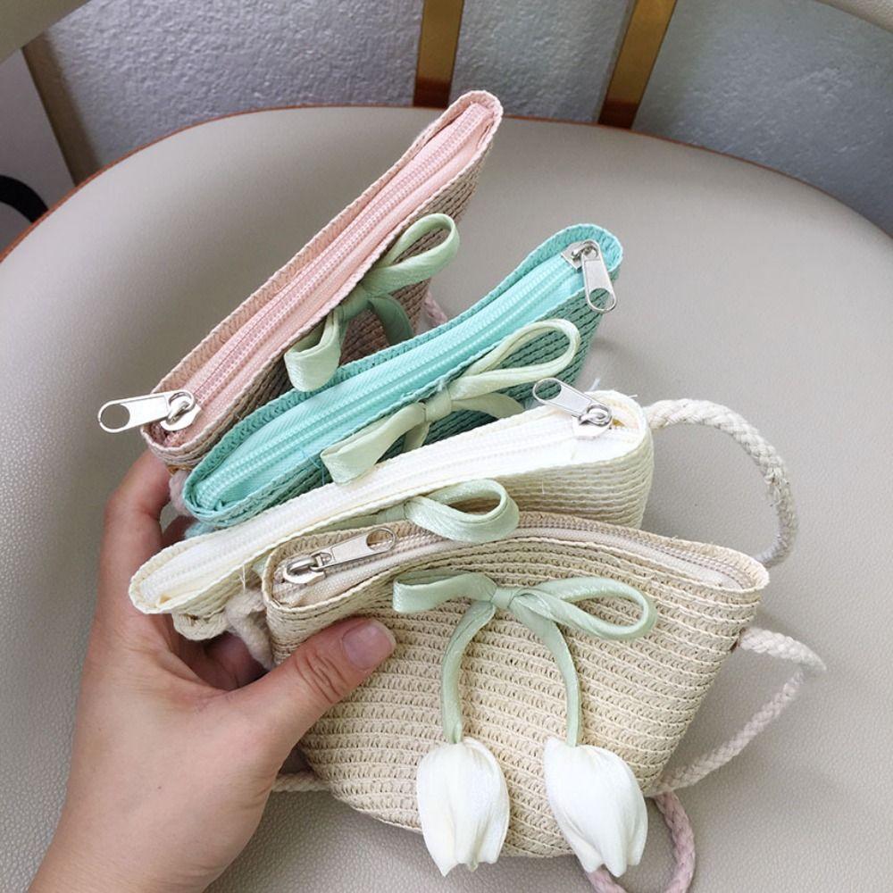 with Same Style Crossbody Bag Tulip Straw Sun Hat Korean Style Lace Brim Beach Cap  Baby