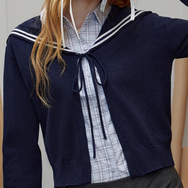 UNIFREEplus Plus Size Korean Style Navy Collar Knit Cardigan