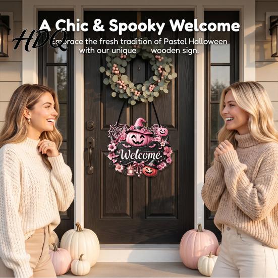 Rustic Porch Hanging Sign Halloween Pumpkin Ghost Wooden Welcome Door Hanger Sign Cute Wall Ornament with Bell 3D Floral Art Rope Decor for