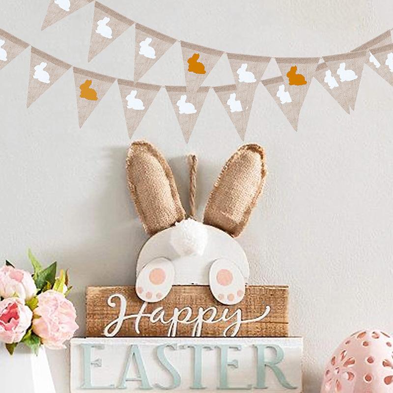 3 Meters Easter Rabbit Jute Burlap Banner Linen Flags Happy Easter Party Home Wall Hanging Decorations Vintage DIY Garland