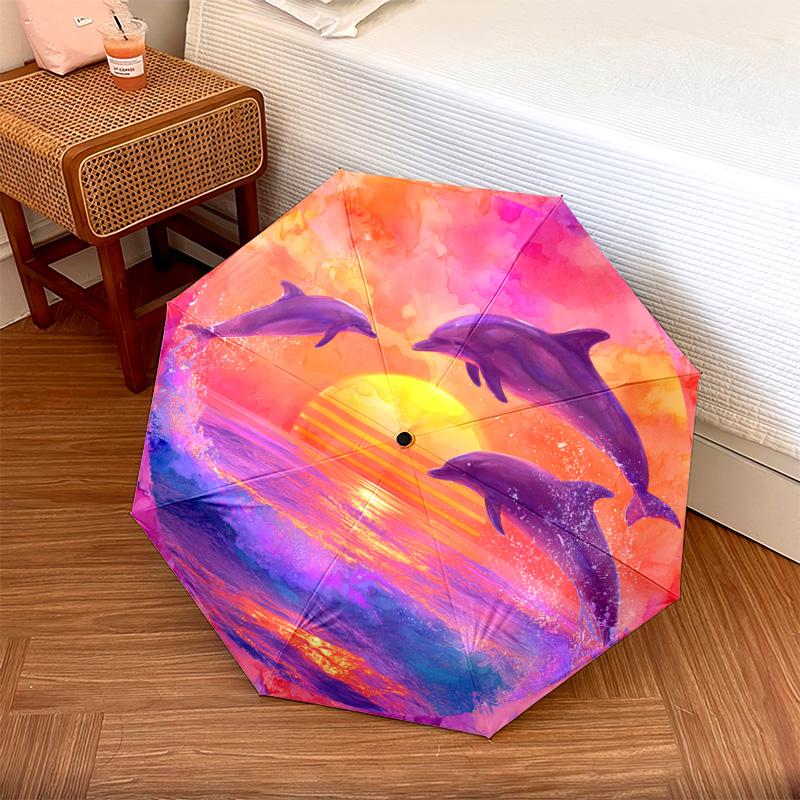 1 Pezzo Ombrello Pieghevole Automatico - Fantasia Delfini, Design Portatile e Pieghevole con 8 Stecche, Regali di Natale e Compleanno