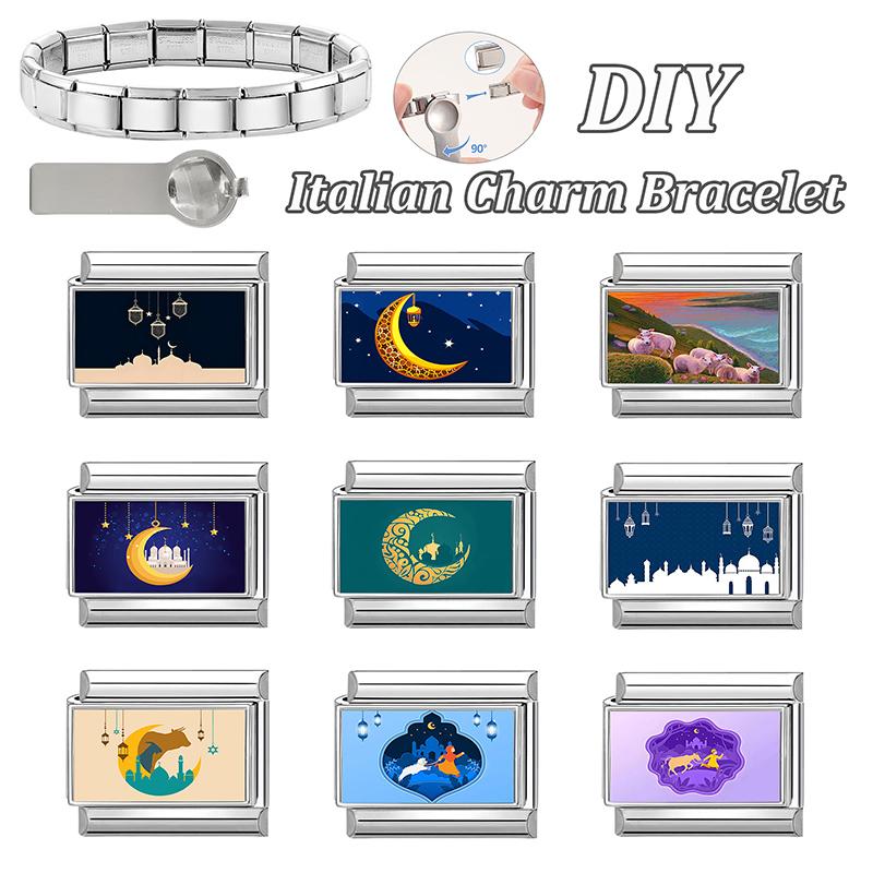 New Classic Hari Raya Haji Element Moon Sheep Pattern Italian Charm Links Fit 9mm Bracelet Stainless Steel DIY Making Jewelry