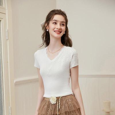 Women's V-Neck Lace & Sequin Knit Top