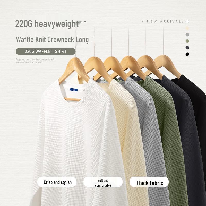 GENIOLAMODE Men's Chinese Crane Print Waffle Knit Long-Sleeve T-Shirt