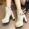High Heels Women Ankle Boots Side Zip Fall Winter Platform Ladies Boots Large Size Fashion Shoes Black Beige Buckle