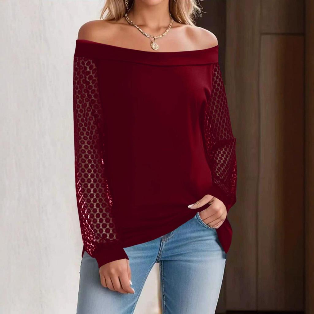 2026 Autumn/Winter French Lace Patchwork Lantern Sleeve Loose T-shirt for Women.