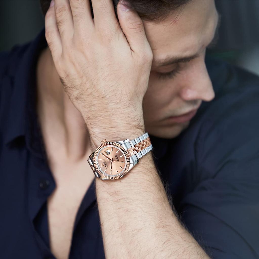 BUREI Automatic Popular for Date Luminous and Rose Men's Watch, Waterproof, Analog, Mechanical, Business, Display, Simple, Casual, (Silver Gold)