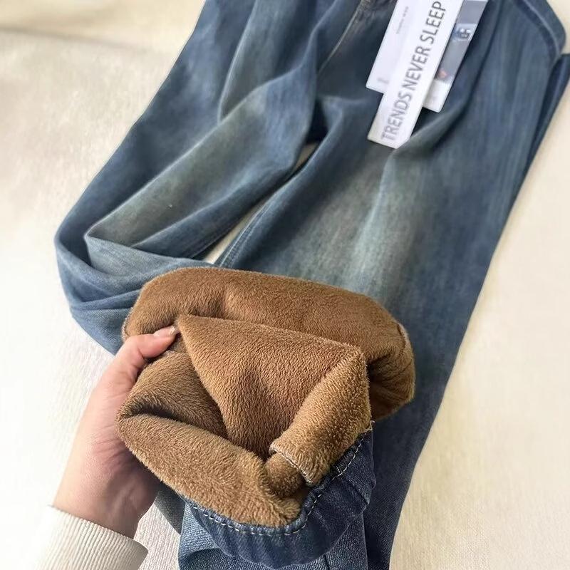 Blue Fleece-Lined High-Waisted Wide-Leg Jeans with Retro Washed Distressed Design.